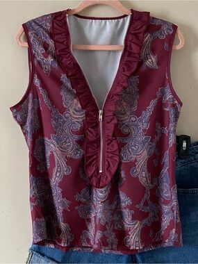 Sleeveless Burgundy Paisley Ruffle Zip Front Top